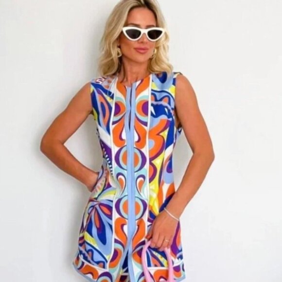 Zara Printed Colorful Groovy Funky Mini Retro Sleeveless Dress Large - Picture 1 of 9